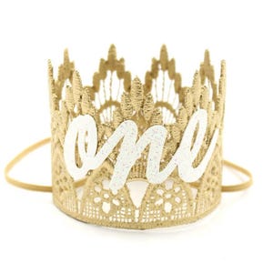 First Birthday Crown | Lace Party Tiara with White Script Age | Baby & Toddler Cake Smash Headband