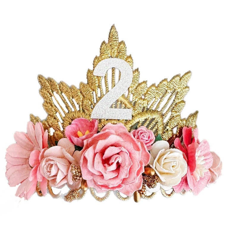 gold lace tiara crown with sparkly white age 2 and peachy pink and white flowers