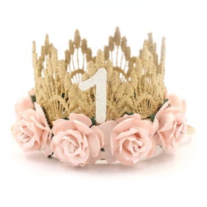 Hand Embroidered Crown for Baby and Children&#39;s Birthdays | One Crown | Baby Girl Birthday Outfit | Gold  Palest Pink | Sienna Crown