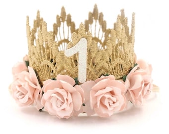 Hand Embroidered Crown for Baby and Children&#39;s Birthdays | One Crown | Baby Girl Birthday Outfit | Gold  Palest Pink | Sienna Crown