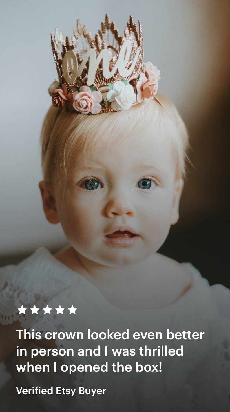 NEW first birthday lace crown cursive ONE mini Sienna rose gold lace crown with dusty pink, mauve, and ivory flowers customize ANY age image 10