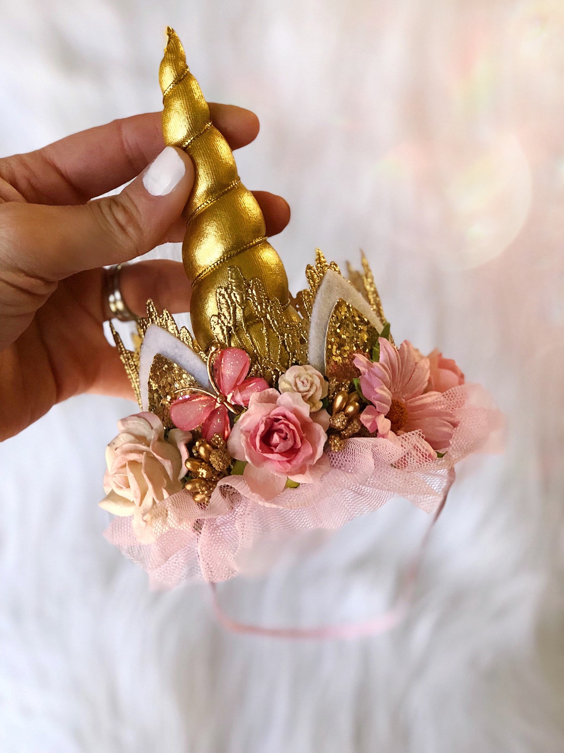 Boho Bloom Pink Gold UNICORN Flower Lace Crown Headband With | Etsy