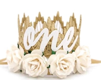 First Birthday Flower Crown | 1st Birthday Girl Outfit | Newborn gift|  Gold + White | Sienna mini crown©