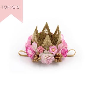 Birthday Hat for dogs| Cat Crown | Pet Birthday Crown |  boho flower crown | gold + pink ultra MINI Harper | ideal for small dogs + cats
