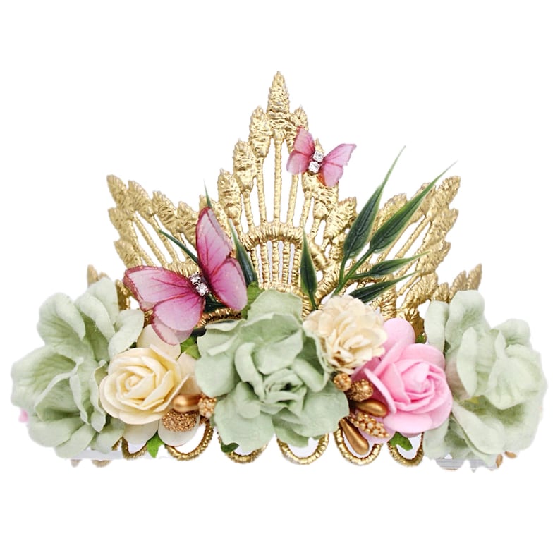 Gold lace tiara adorned with sage green, soft pink, and ivory faux flowers, delicate organza butterflies, and golden leaves. Perfect for baby girl or toddler girl fairy-themed birthdays, photoshoots, or special occasions. Handcrafted with attention to detail for a whimsical and elegant boho look.