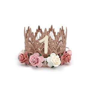 NEW first birthday lace crown cursive ONE mini Sienna rose gold lace crown with dusty pink, mauve, and ivory flowers customize ANY age number "1"