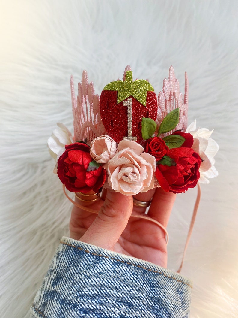 blush pink and red strawberry first birthday crown with sparkly "1" and pink and red roses, boho 1st birthday party hat, my berry 1st birthday tiara