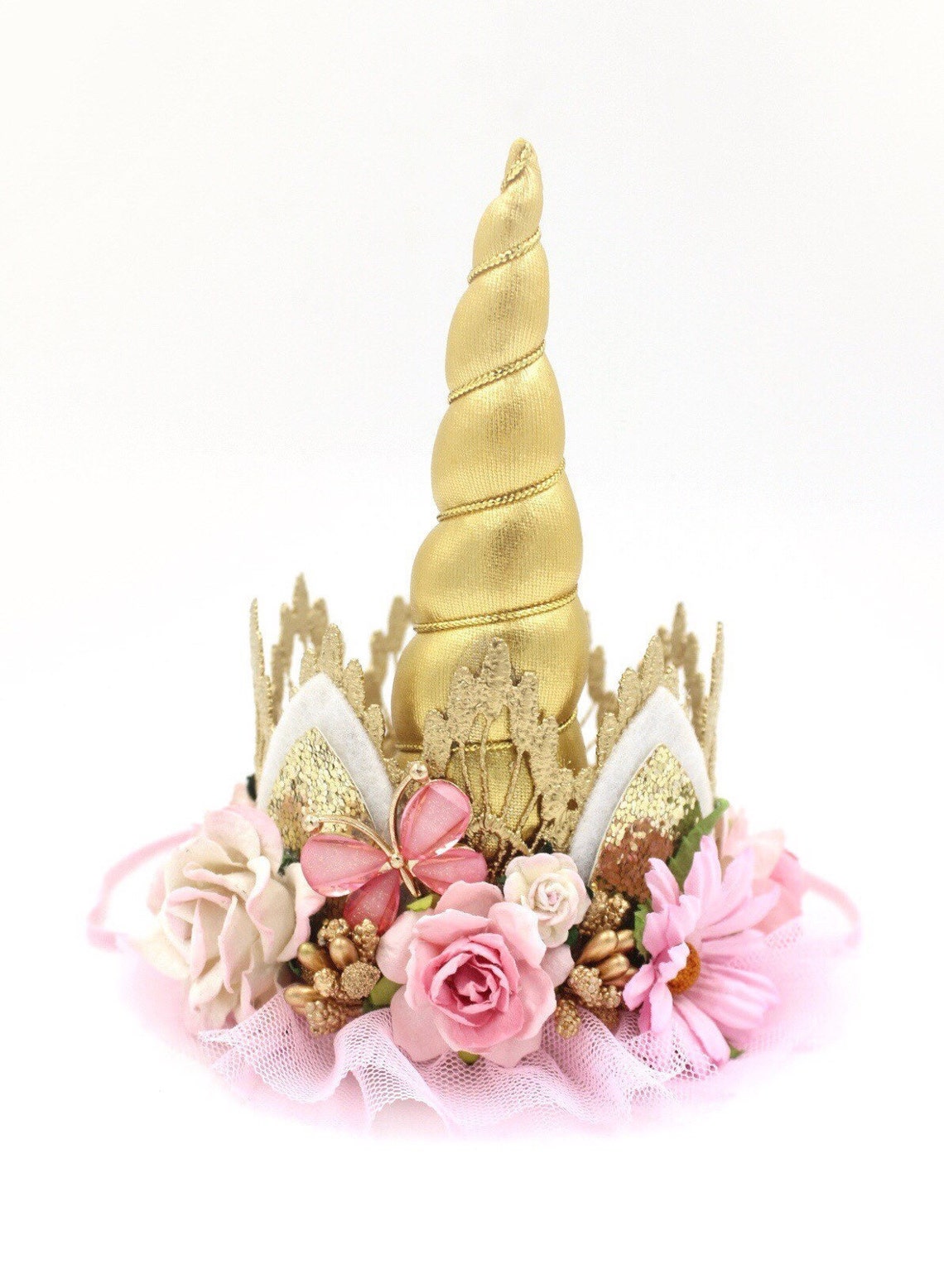 Boho Bloom Pink Gold UNICORN Flower Lace Crown Headband With | Etsy