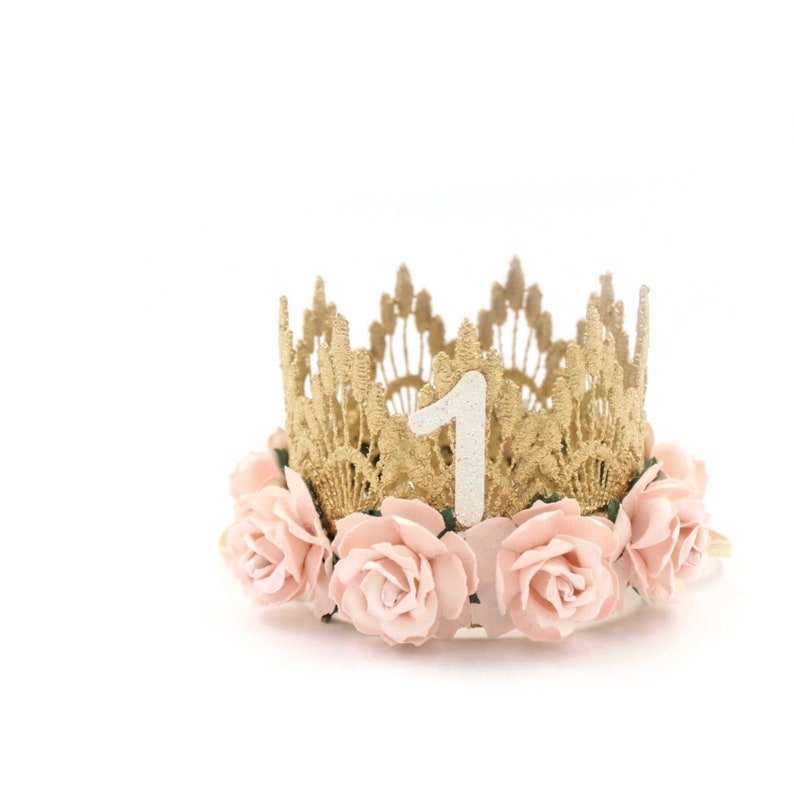 First Birthday crown MINI Sienna ||  gold baby pink flowers lace crown headband || photo prop || customize ANY age || 
