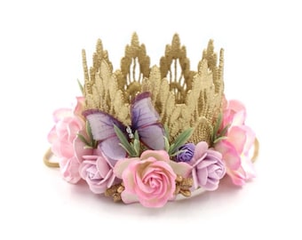 Corona de hadas para el primer cumpleaños / Corona de flores para fiesta en el jardín con mariposas