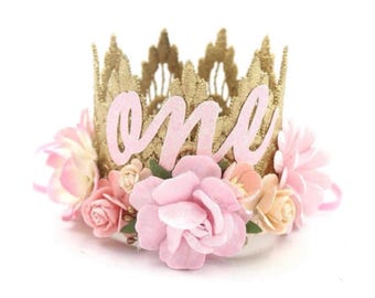 Baby Girl First Birthday Crown, Boho Floral Lace Headband, Pink Flowers, Cake Smash Prop