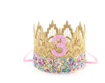 NEW birthday MINI Sienna lace crown headband with sparkly sequin stars + sparkly AGE || magical princess unicorn party