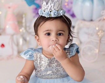 First Birthday Flower Crown | 1st Birthday Outfit | Winter Onederland Lace Crown | Sienna | Silver + Baby Blue