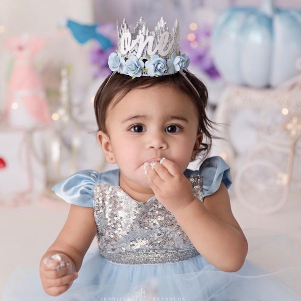 First Birthday Flower Crown | 1st Birthday Outfit | Winter Onederland Lace Crown | Sienna | Silver + Baby Blue