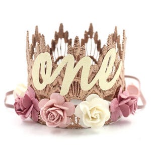 NEW first birthday lace crown cursive ONE || Sienna mini rose gold lace crown with dusty pink, mauve, and ivory flowers || customize ANY age