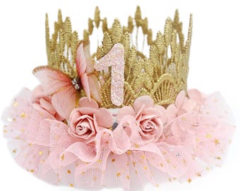Fairy First Birthday Crown - Blush Pink Tutu Ballerina Butterfly Headband - Baby Girl 1st Birthday Outfit - Cake Smash Tiara - Mini Sienna