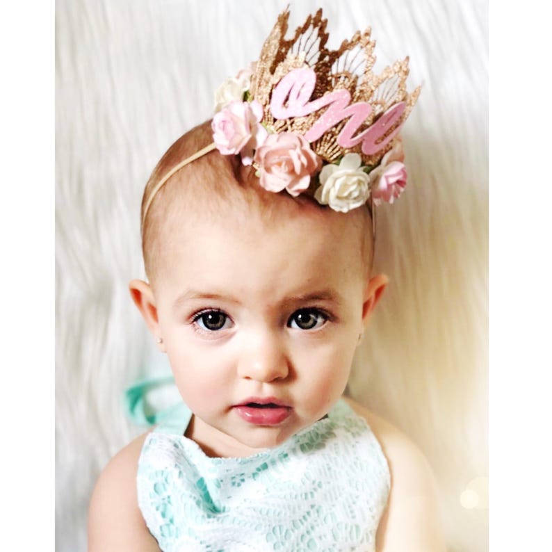 First Birthday crown cursive ONE mini Sienna rose gold lace crown with pink, blush, and ivory flowers custom ANY age image 6