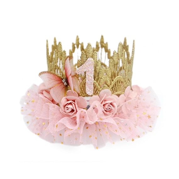 Fairy First Birthday Crown - Blush Pink Tutu, Butterfly Headband