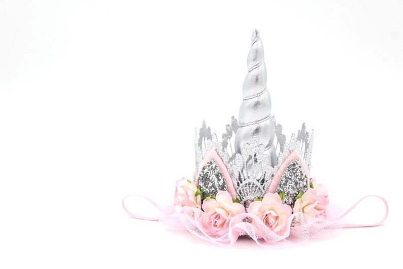 Unicorn flower lace crown headband  silver  pink ivory  image 1
