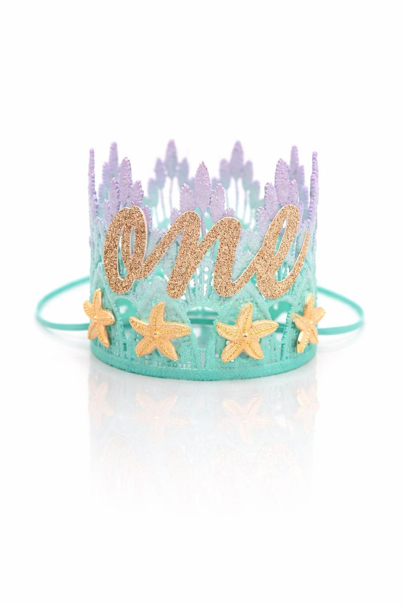 Mermaid first birthday crown cake smash hat, aqua and lavender lace crown with gold one, starfish birthday crown, under the sea first birthday outfit accessory, ocean themed baby girl birthday crown, handmade USA