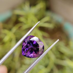 Könnte beinhalten: Ein herzförmiger, facettierter Amethyst-Edelstein, der von einer Pinzette gehalten wird. Der Edelstein hat eine tiefviolette Farbe mit Brillantschliff und reflektiert das Licht. Der Hintergrund ist verschwommen, mit grünem Laub.