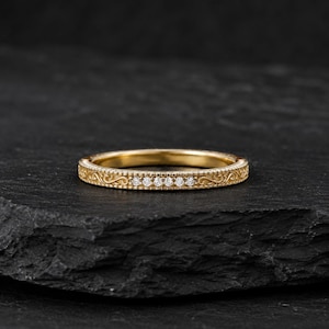 Vintage Moissanite Wedding Band Ring | Nature Inspired Engraved Gold Stacking Ring | Floral Milgrain Anniversary Band Promise Ring for Her
