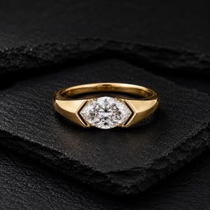 Marquise Moissanite Gold Plated Ring, Solitaire Engagement Ring, Modern Minimalist Promise Ring, Wedding Band, Gift for Her
