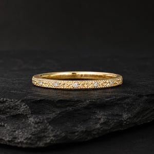 Nature Inspired Moissanite Wedding Band | Vintage Floral Engraved Gold Stacking Ring | Minimalist Anniversary Ring | Promise Gift for Her