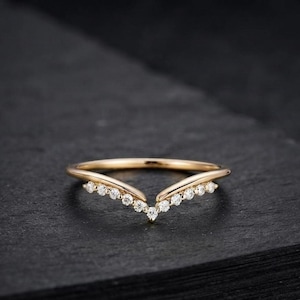 Moissanite Chevron Wedding Band | V Shape Gold Ring | Curved Stackable Ring | Minimalist Bridal Band | Anniversary Gift for Her