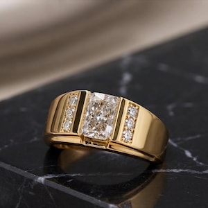 Men’s Moissanite Emerald Cut Ring, Luxury Gold Statement Ring, Rectangular Moissanite Signet Ring, Iced Out Wedding Band, Gift for Him