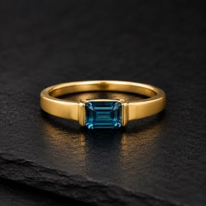 Emerald Cut London Blue Topaz Ring,  Yellow Gold plated Engagement Ring, Minimalist Statement Ring,  Gemstone Ring, Promise Ring for Women