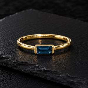 Baguette Cut London Blue Topaz Ring, Gold Plated Minimalist Ring, Dainty Solitaire Stackable Ring, Handmade Gift for Her