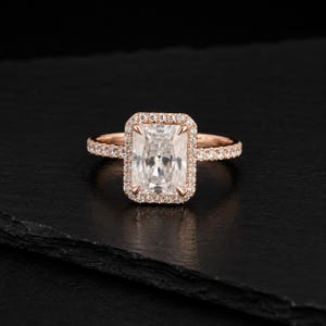 Cushion Cut Moissanite Engagement Ring, Rose Gold Halo Ring, Pavé Wedding Ring, Rectangular Solitaire Ring, Elegant Bridal Gift for Her