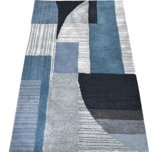 Modern Abstract Blue Hand Tufted Wool Rug Navy Indigo Geometric Patchwork Area Rug Contemporary Living Room Decor Large Soft Texture Carpet