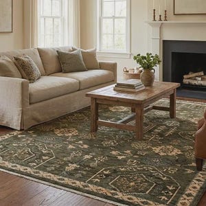 May include: A large rectangular area rug featuring a deep forest green background with an intricate cream and tan floral medallion pattern, finished with a short fringe along the edges, positioned on a dark hardwood floor in a living room.