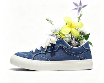 Dunkelblaue Denim Skate Sneakers, Vintage Washed Canvas Sneaker, Weiße Schnürsenkel