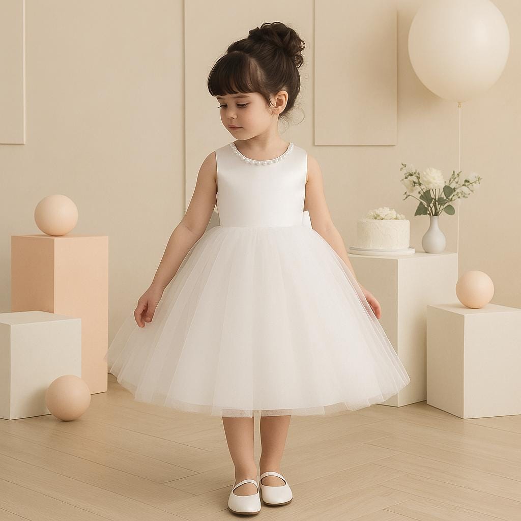 Big Bow with Pearl Baby Girl Party Dress Knee Length Princess Party Dress Children Clothes Birthday Dresses Elegant Evening Formal Wear