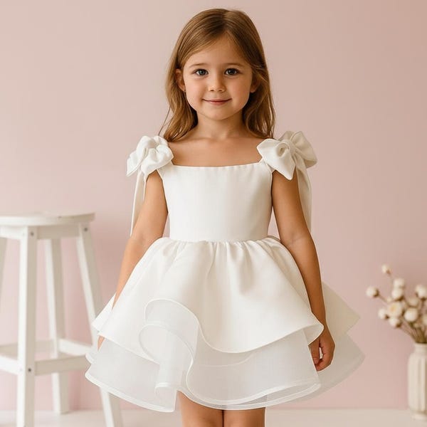 White Layered Bow Dress for Girls – Elegant Flower Girl Dress – Toddler Birthday Outfit – Princess Party Dress