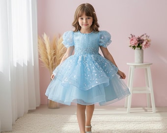 Elegantes Pailletten Prinzessinnenkleid Tüll Kleid mit Perlen Detaillierung für Mädchen