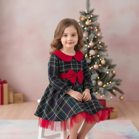 Plaid Christmas Outfit for Girls - Red Bow Winter Party Look - Holiday Toddler Clothes