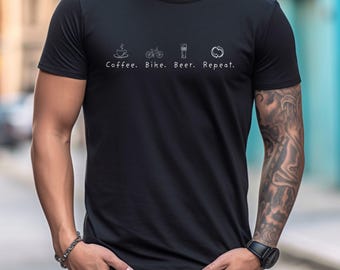 Coffee. Bike. Beer. Repeat. - a humorous cycling tee for mountain bikers, e-bike riders, and cyclists who love caffeine, cycling, and beer