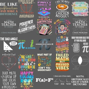 Puede incluir: Una colección de gráficos y texto con temática matemática sobre un fondo gris oscuro. Los diseños incluyen ecuaciones, formas geométricas y frases humorísticas como "Be Like Subtraction and Make a Difference". El tema general es el humor matemático.