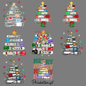 May include: A collection of Christmas tree designs made from medical tubes and supplies. The trees are decorated with string lights, stars, and snowflakes. One design includes the text "Merry Phlebotomist". The color palette includes red, green, blue, and gold.