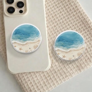 Blue Ocean Beach Watercolor Phone Grip, Summer Sea Wave Griptok, Coastal Aesthetic Phone Stand, Tropical Starfish Shell Gift, Gift for Her