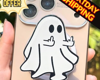 Spooky Middle Finger Ghost MagSafe Phone Grip: Funny Halloween Magnetic PopSocket, Kawaii Ghost Flip Phone Holder, Cute Spooky Gift For Teen