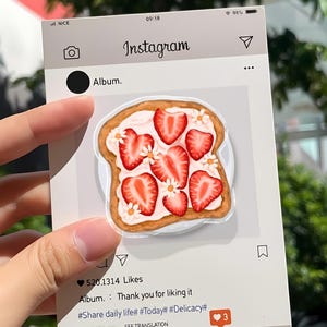 Strawberry Toast Phone Grip, Aesthetic Foodie MagSafe Phone Holder, Cute Cottagecore Fruit Gift, Realistic Breakfast Toast Mobile Stand