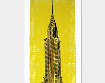 Chrysler Building Art Print  - Pop Art Deco Yellow - Wall Decor - Hand Printed