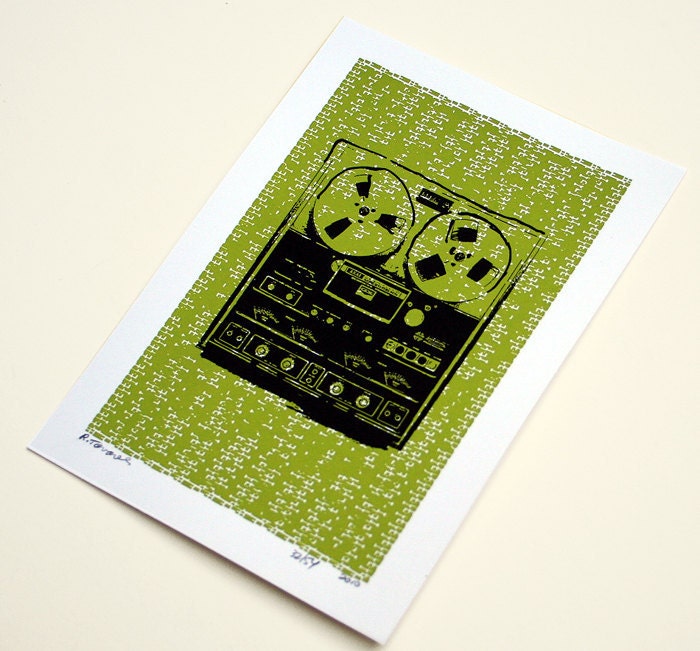 Tape Recorder Art Print Pop Art Retro Green Hand Printed Etsy