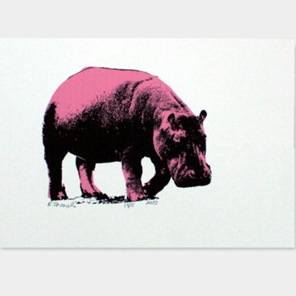 Hippo Art Print (Pink) - Hand Printed - 5X7