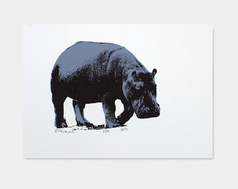 Hippo Art Print Grey - Hand Printed - 5X7